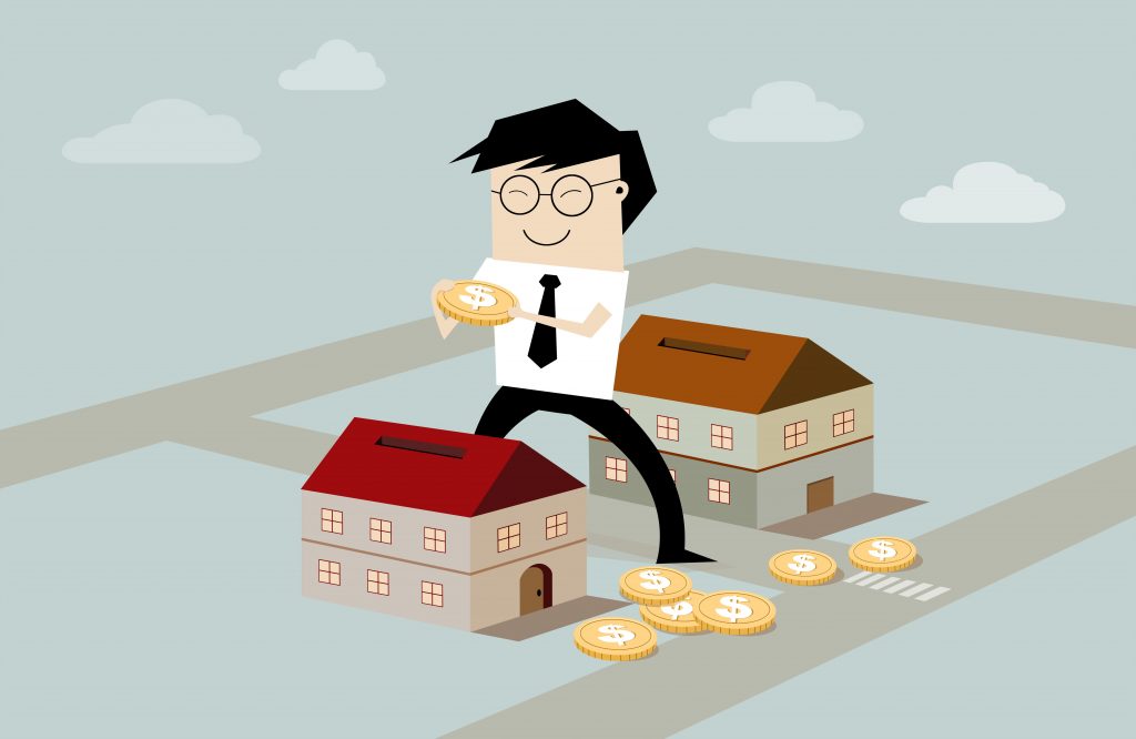 businessman's putting coin inside the house - real estate investment, flat style illustration